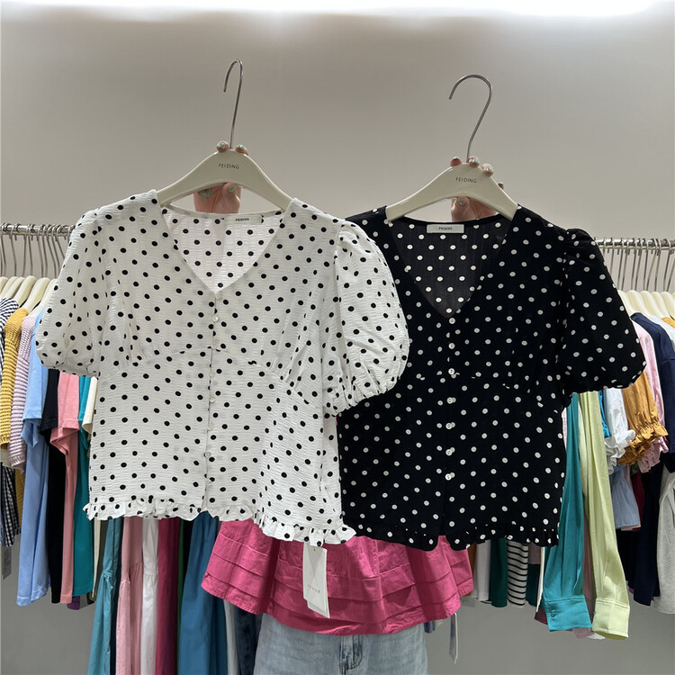 [feeding] Korean V-neck bubble sleeve Polka Dot T-shirt 7885-a6# cqw