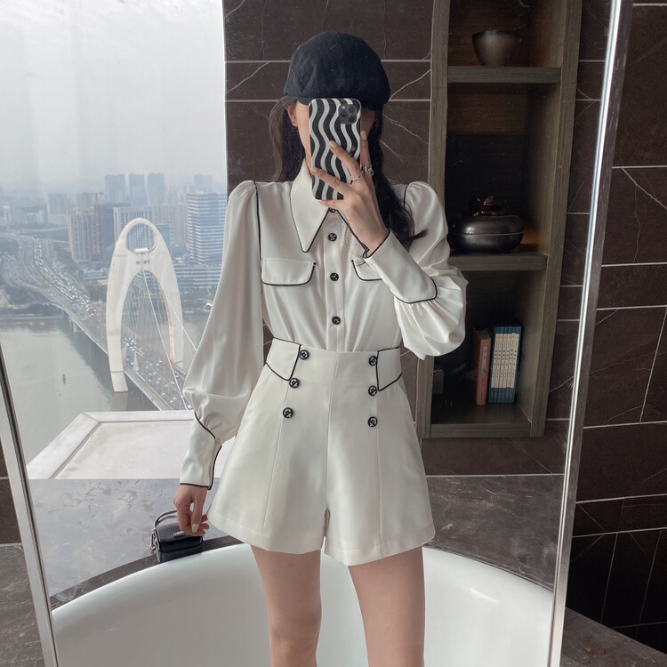 goods in stock! [top Chan Lin] temperament color contrast edge bubble sleeve shirt (excluding lower garment) 95006# cqw