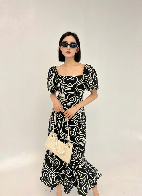 [D22] elegant print bubble sleeve dress 2203098# zxx