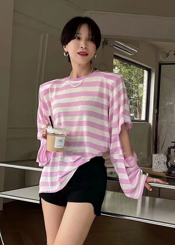 [RM. HH] crew neck contrast stripe hollowed out blouse 2083# PCZ