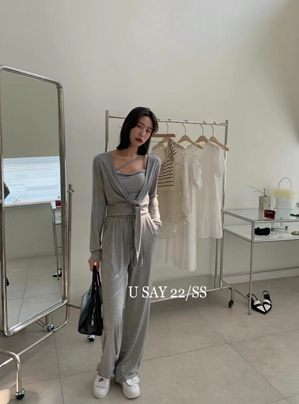 [u say] slim fit with bra sling + short long sleeved knitted cardigan + wide leg casual pants set 65886# LSL
