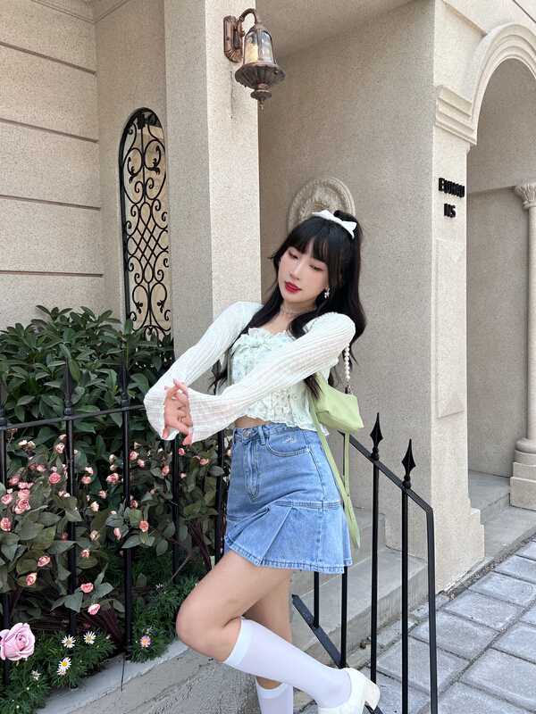 [CXI] high waist pleated embroidery anti light denim skirt 1165# WPL