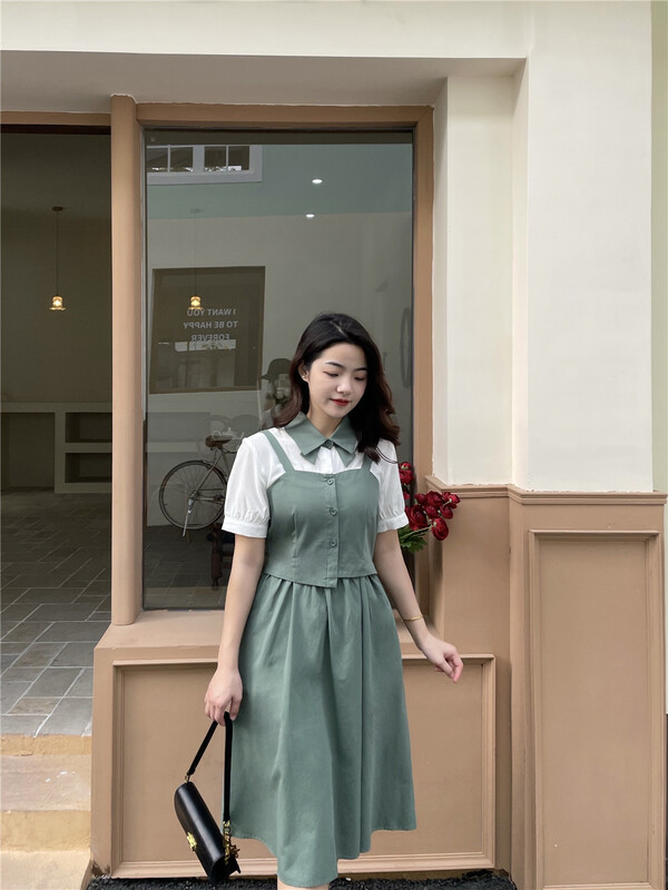 New in early summer! [woo woo shop] lady temperament short sleeve fake two piece waist closing dress 32857# WPL