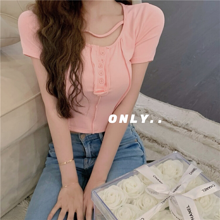 New in early summer! [only] design sense one row button square neck slim fitting short sleeved shirt 1802# JJ
