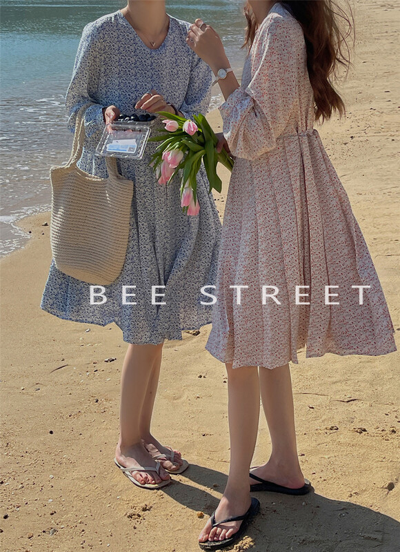 [bee Street] Korean floral Pleated Dress ys1-b9087# jhy