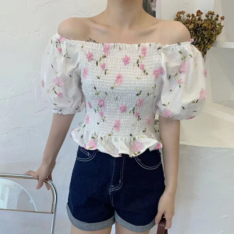 New in early summer! [red] off shoulder flower fashion blouse 6712# Cl