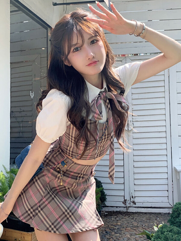 [wgwe] pure desire style pattern fake two piece Bubble Sleeve Top + pleated skirt suit (with tie) 1673# PCZ