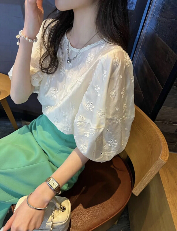 [JH] net red embroidery lace Lantern Sleeve short sleeved blouse + Split skirt suit 41564# PCZ