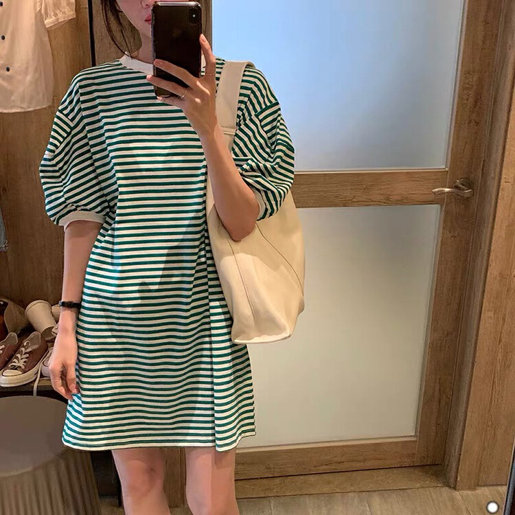 New in early summer! "Blue Show" Korean striped bubble sleeve long dress 8159# LSW