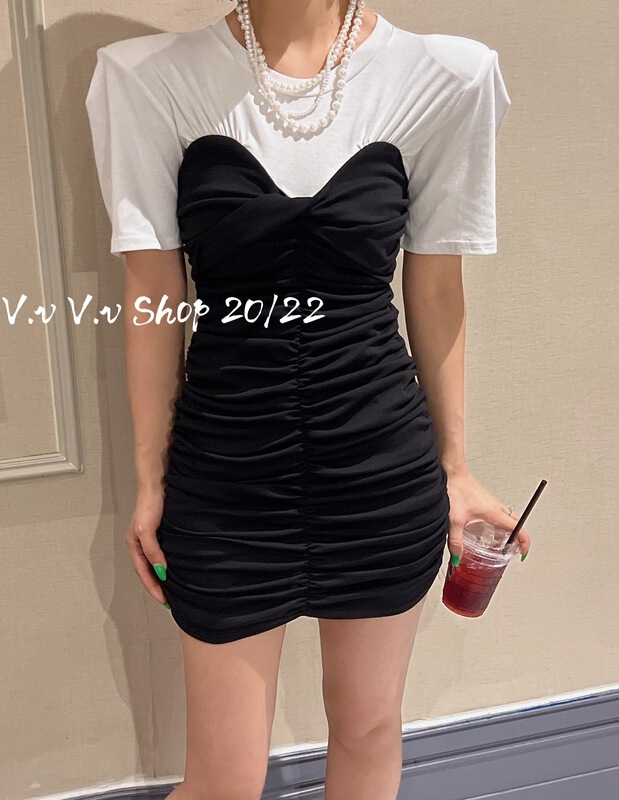 [v.v] Korean color blocking pleated slim padded shoulder dress 7199# cqw