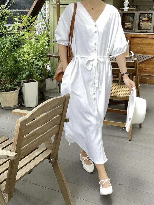 [ever true] Korean V-neck loose tie dress (with belt) 61028\cls