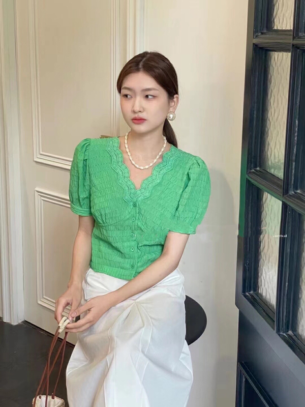 [ul-2] temperament lace edge V-neck versatile blouse 6129# JJ