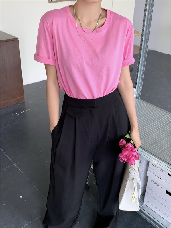 [aenna] Korean version solid color loose round neck short sleeve T-shirt (with chain) 9322# cqw