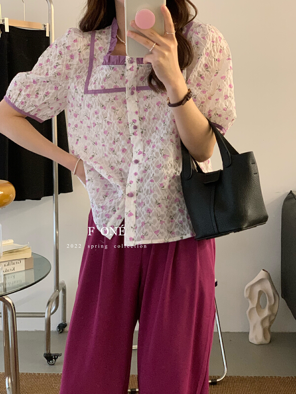 [f one] Vintage sweet us color contrast collar lace shirt 52071# WPL
