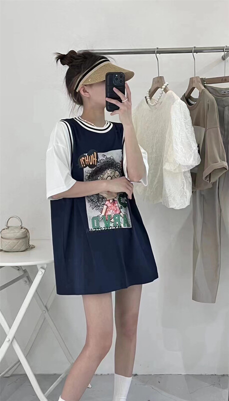 [C.Y] loose fake two piece cartoon printed short sleeve T-shirt 3367# XJ
