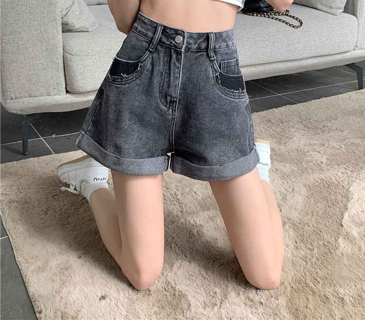 New in early summer! [thousand degrees] fashion personalized pocket contrast color high waist hem A-line denim shorts s9001# LSW
