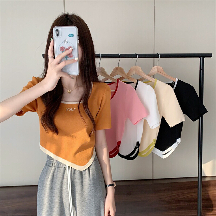 [f · P] sweet and spicy style square neck embroidered color contrast irregular short sleeve sweater 47152-1# HBx