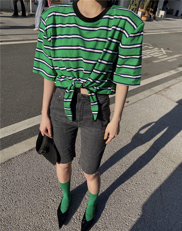 [open] striped lace up short sleeve T-shirt 3676# ozq