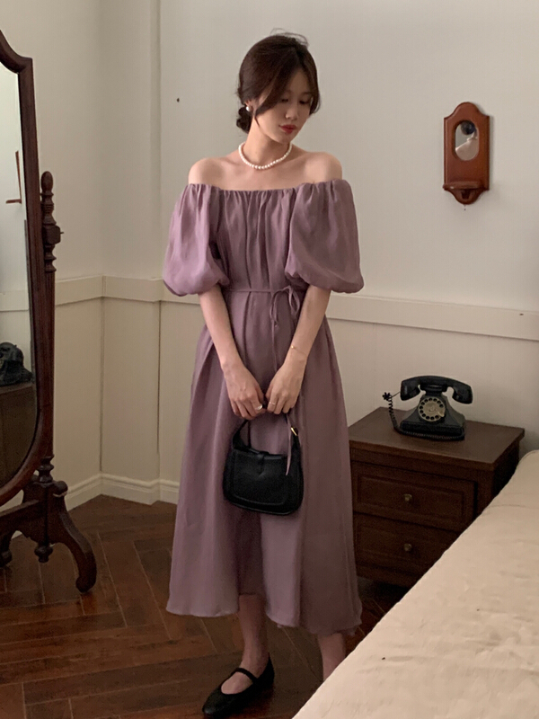 [bobi] solid color one shoulder bubble sleeve bandage dress (with waist rope) 8892# hjy