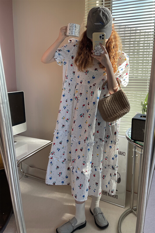 [ISO Korean] loose large size covering belly and thin temperament French bubble sleeve floral dress 3116# hjy