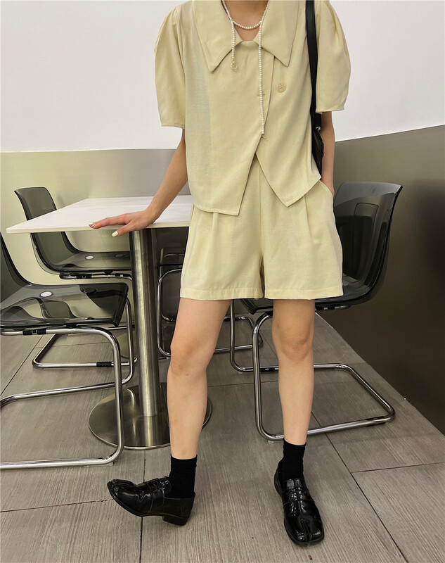 [YST] Korean simple short sleeved shirt + high waist versatile wide leg casual Shorts Set 10215# XJ