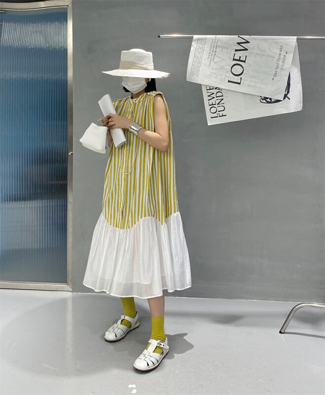 [Lily] sleeveless stripe color blocking stand collar dress 8906# XJ
