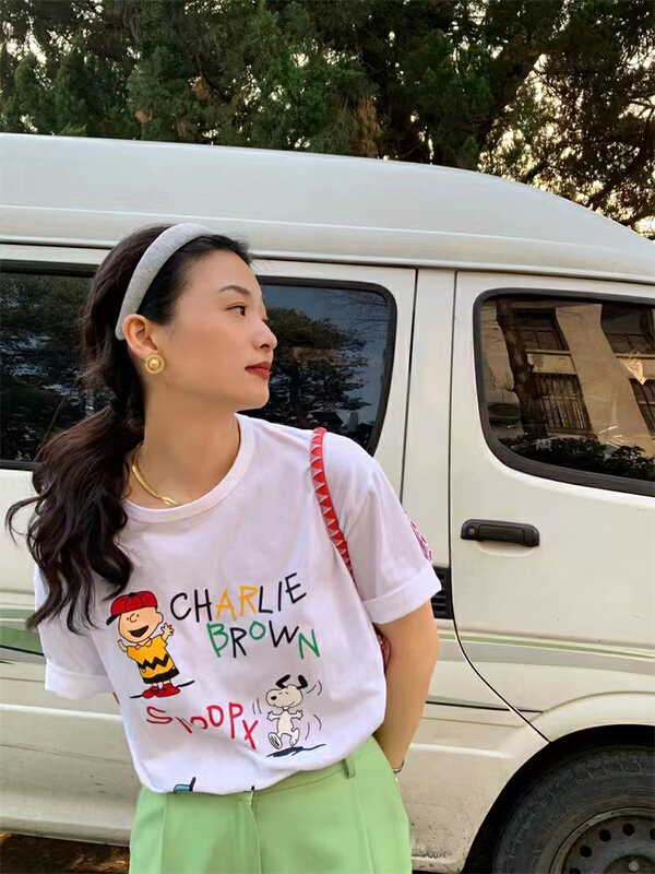 New in early summer! [rainbow] Snoopy crayon graffiti printed short sleeve T-shirt 08131# WTT