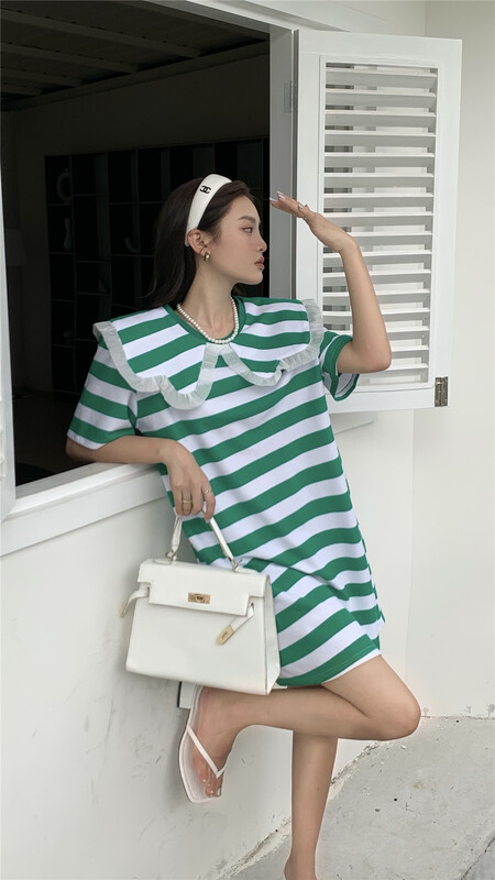 [aenna] Korean striped large lapel loose dress 8209# cqw
