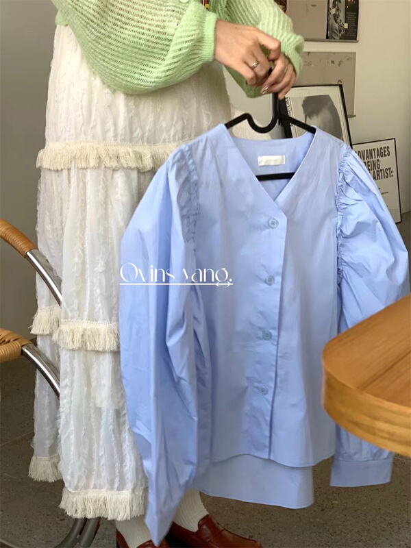 New year in early spring! [ovinsyang] V-neck breasted solid shirt 8598# WTT