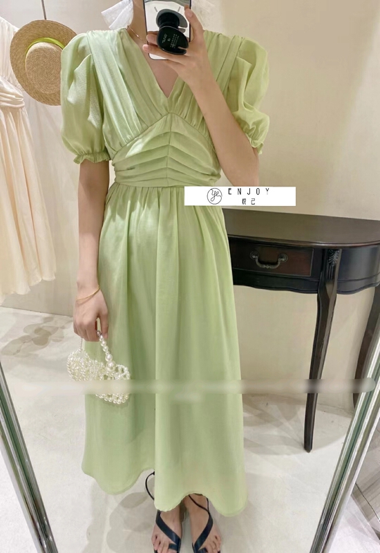 [enjoy · Yueji] V-neck pleated waist dress 8836# PCZ
