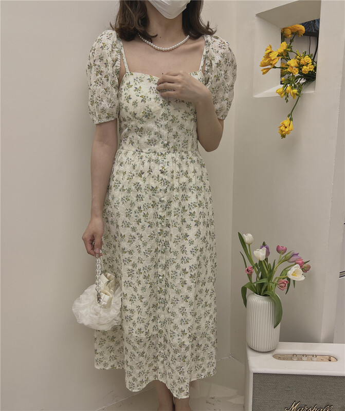 New in early summer! [Taotao family] bubble sleeve short shirt + high waist suspender long dress Korean sweet suit 3586# lwy
