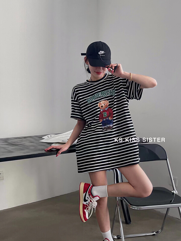 [KS] crew neck loose stripe short sleeve T-shirt 22157# ozq