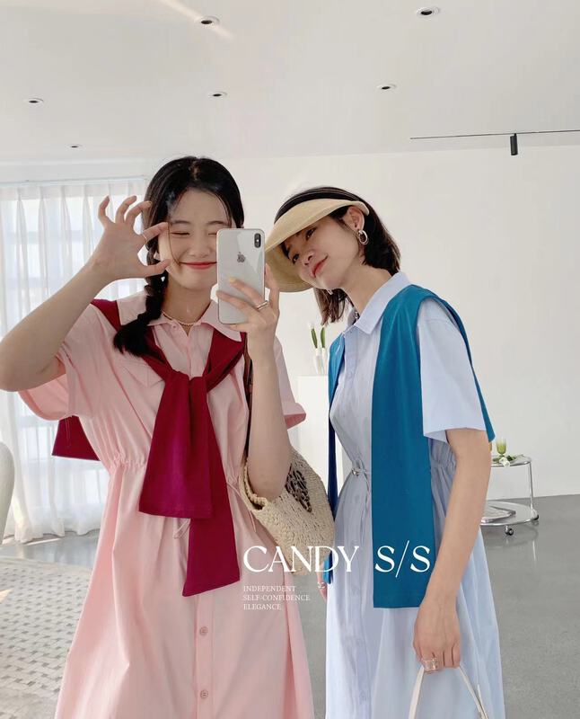 【糖果CANDY】韓系短袖抽繩連衣裙+百搭披肩套裝  7359#  ZJY