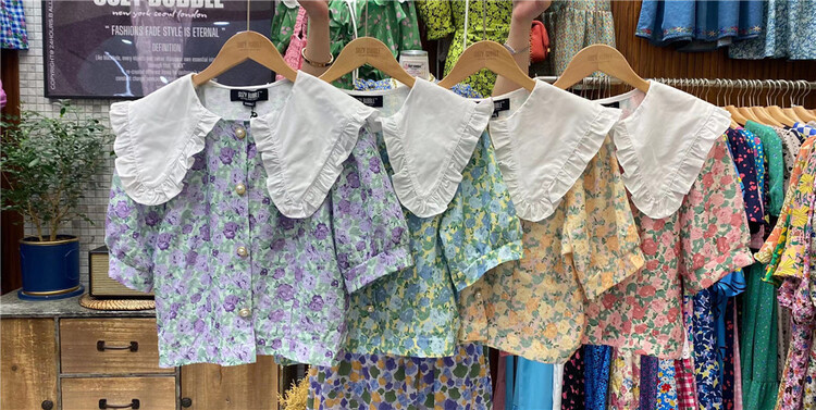 New in early summer! [N21] lady sweet Navy collar floral blouse 1011# WPL