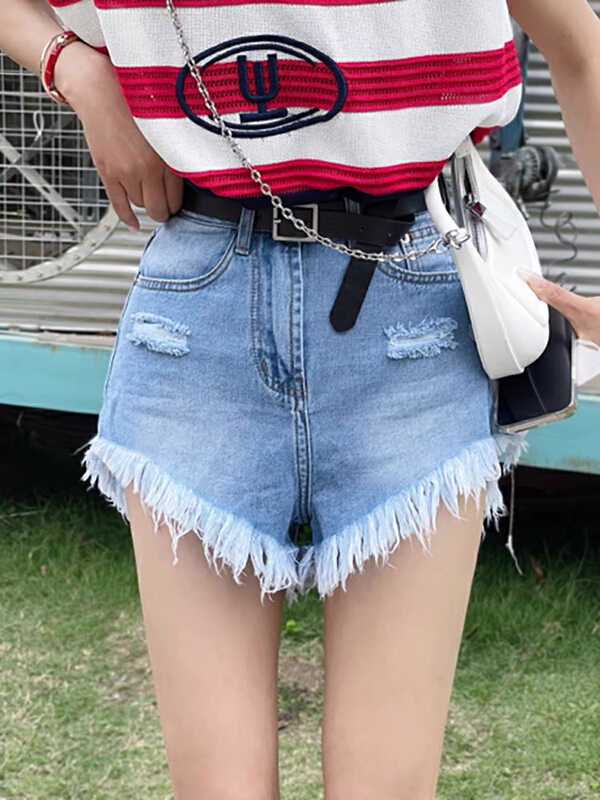 [queen] Korean version of pierced tassel design hot girl denim shorts (with detachable belt) al7927# ozq