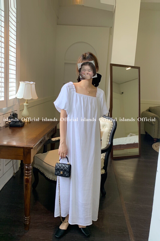 [islands. Island] square neck cotton linen slim dress (with waist rope) 6081# L
