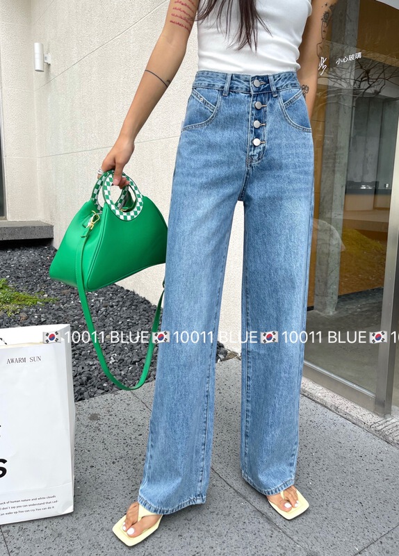 [blue] casual high waist button loose jeans 10011# hjy