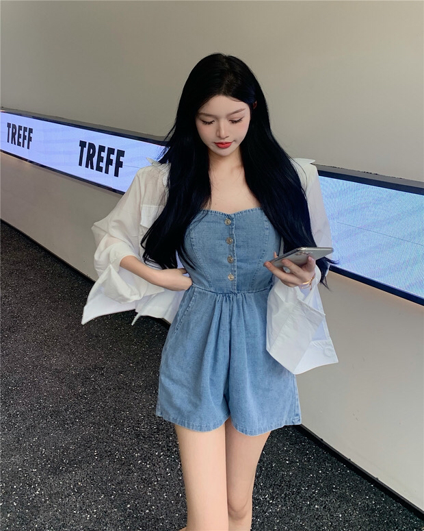 [Doudou family] Strapless jeans loose wide leg Jumpsuit + casual sunscreen shirt set 88281# CLS