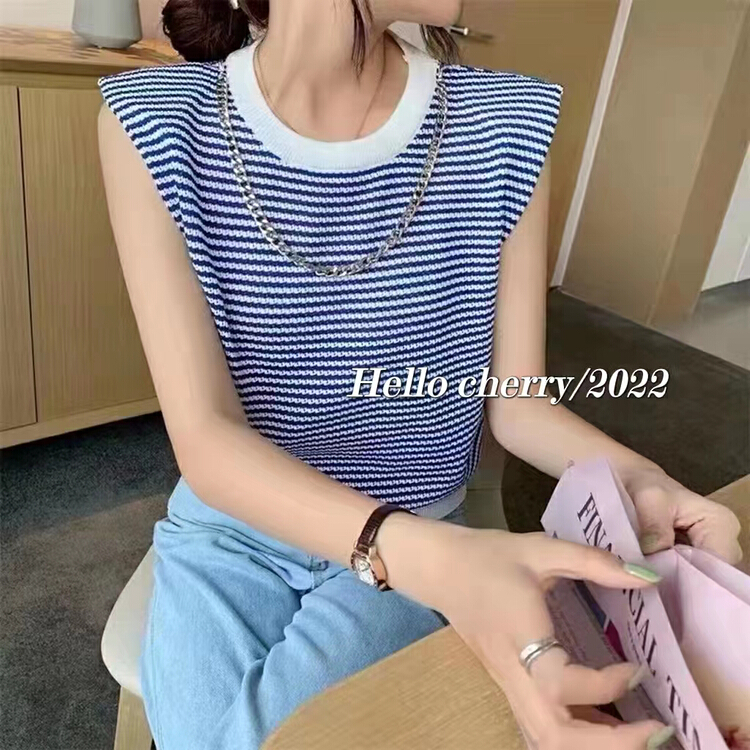[Hello cherry] sleeveless striped versatile T-shirt (with chain) 1007# WTT