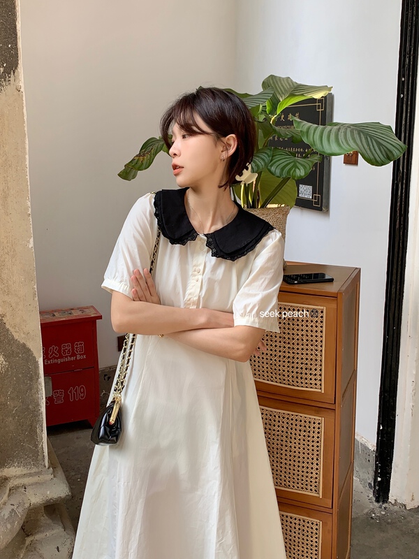 [seek peach] Korean color contrast doll collar age reducing bubble sleeve dress 5160# ll