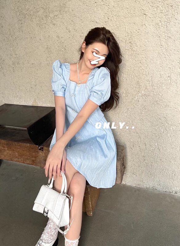 [only] square neck bubble sleeve bow design slim dress 376# JJ