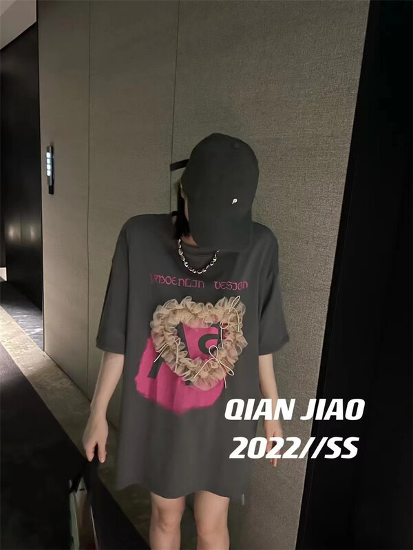 [QIANJIAO] three dimensional letter printing trend short sleeve T-shirt 6891# PCZ
