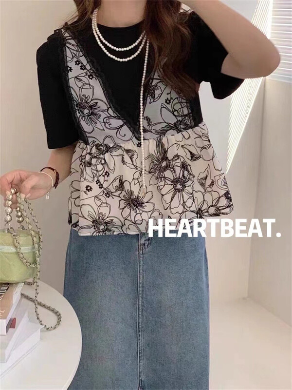 [Heartbeat] printed fake two comfortable Korean Short Sleeved T-shirts (only for tops) h4065# L