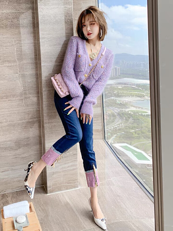 goods in stock! [four seasons] contrast stitched zipper high waist straight tube jeans 207# LSL