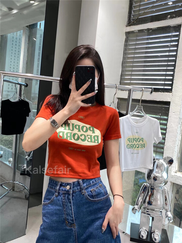 [kazefi] letter print contrast short sleeve T-shirt (T-shirt only) t78a-15# ozq
