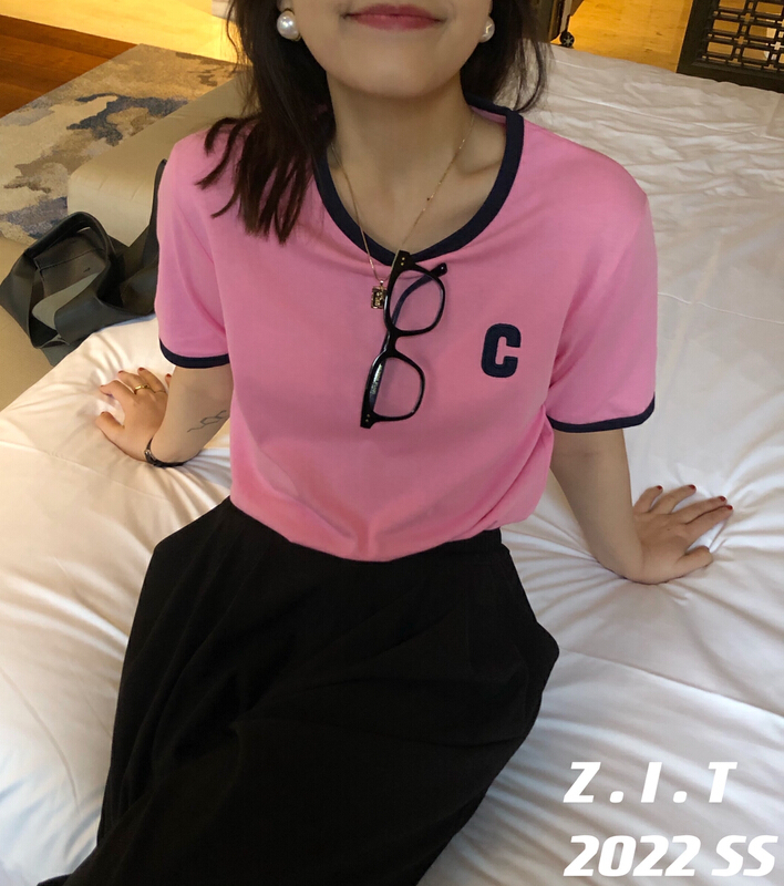 [z.i.t] round neck contrast letters Casual Short Sleeve T-shirt ts2207# zxl