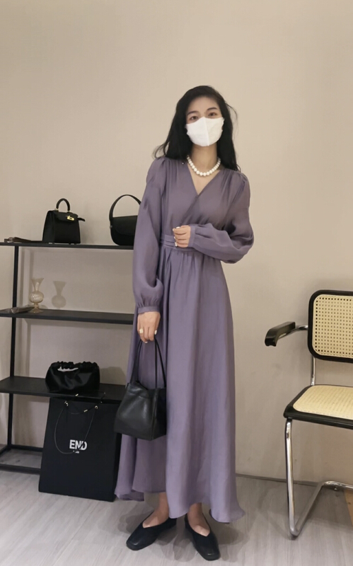 [Zoe Zoe] Korean bubble sleeve V-neck dress c181# L