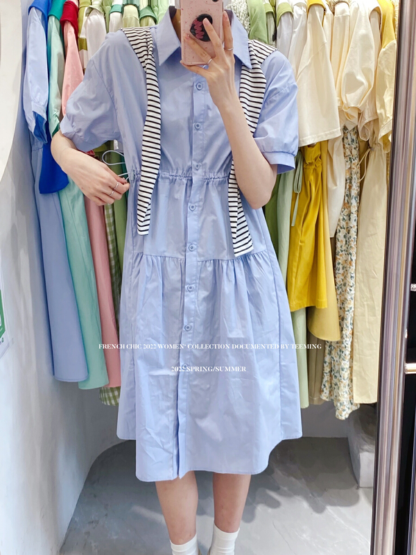 [teem ing] Korean casual drawstring waist dress (with shawl) 22t223# hjy