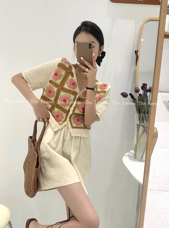 [lemon green tea] Korean Crocheted short sleeved knitted cardigan 2182# hjy