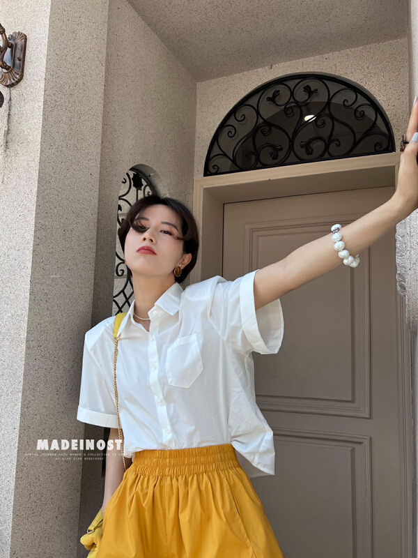 [OSHA madeinost] shoulder pad silhouette short sleeved shirt 86291# ll